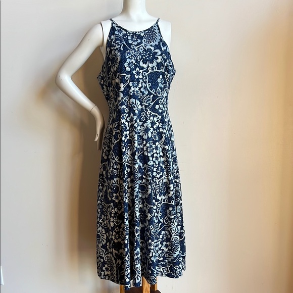 Chaps Blue and White floral Sleeveless Halter long Sundress - Picture 1 of 8